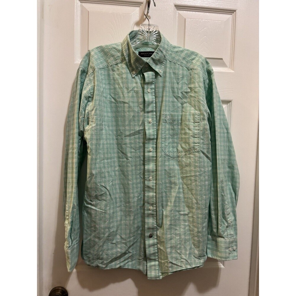Ariat Pro Series Shirt Mens M Green White Plaid Long Sleeve Button Down Casual